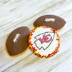 Super Bowl Decorated Sugar Cookies with brown football cookies and red and yellow Kansas city chiefs logo